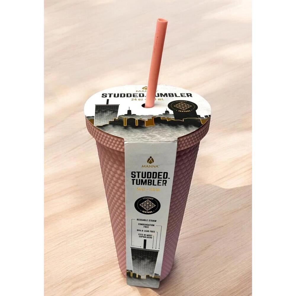 Manna Studded Tumbler 24oz Rubberized Pink Cold Cup with Straw KF45450